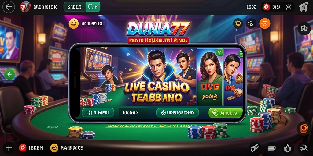 Screenshot DUNIA77 menunjukkan dealer profesional dan pengaturan permainan Live Casino yang menarik.